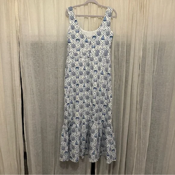 KJP Kiel James Patrick Sea Garden Maxi Dress Sz 8 blue white linen nautical sea - Picture 9 of 15